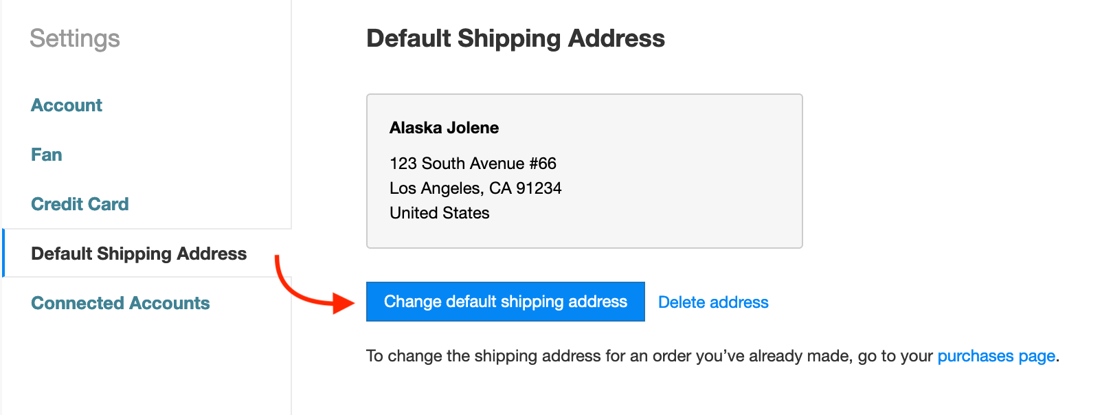 default shipping address settings page, showing button to change address