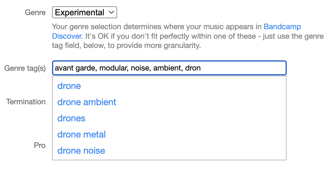 Screenshot of the Profile page showing the Genre drop down menu and the Genre tags field, which is populated with existing tag suggestions upon typing. Genre tags are separated using a comma.