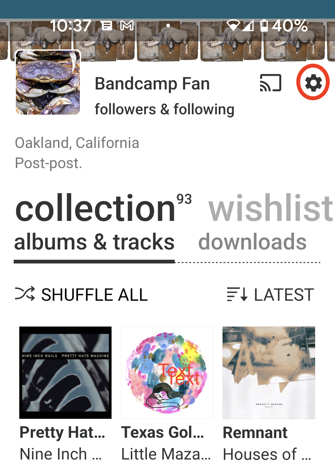 Pantalla de colección en la aplicación para fans donde se muestra el ícono de configuración.