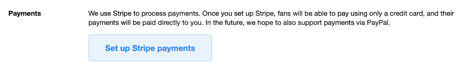 A screenshot of the Payments section of a subscription editor page, highlighting the ‘Set up Stripe payments’ button.