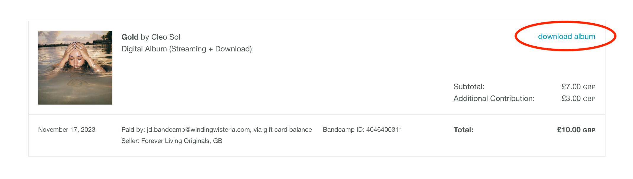download link on purchases history page