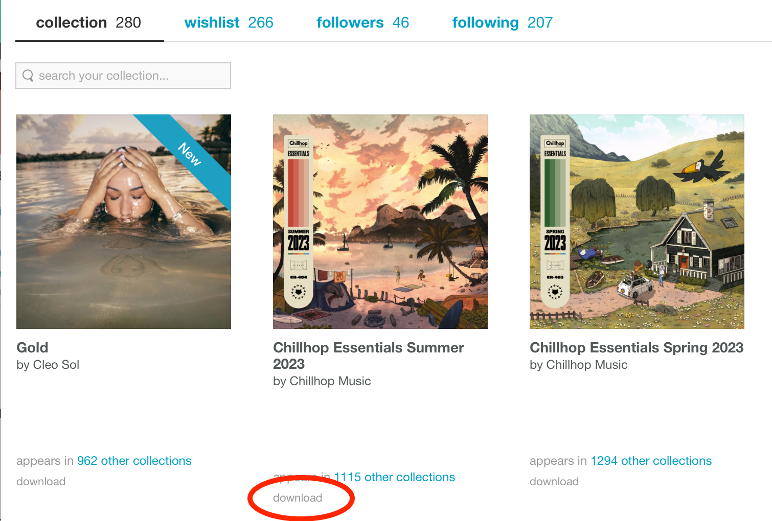 download link on collections page