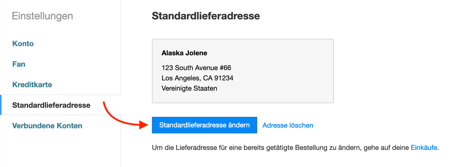 Standardlieferadresse-Einstellungsseite mit Schaltfläche zum Ändern der Adresse