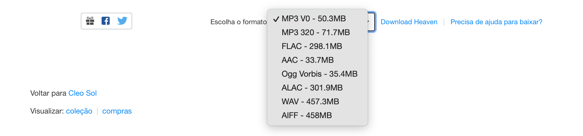 opções de formato de áudio ao lado do link para download