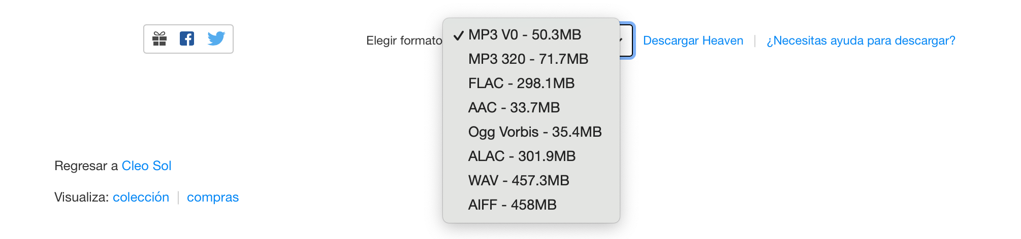 opciones de formato de audio junto al vínculo de descarga