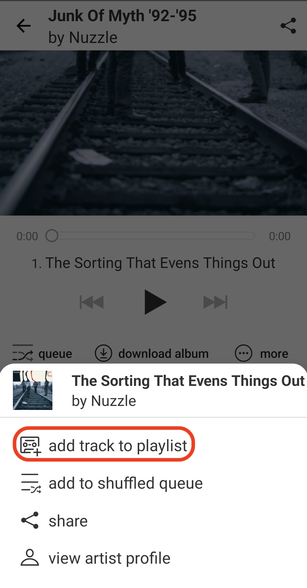 Image of a smartphone screen showing the track options menu, with the ‘add to playlist’ option circled.