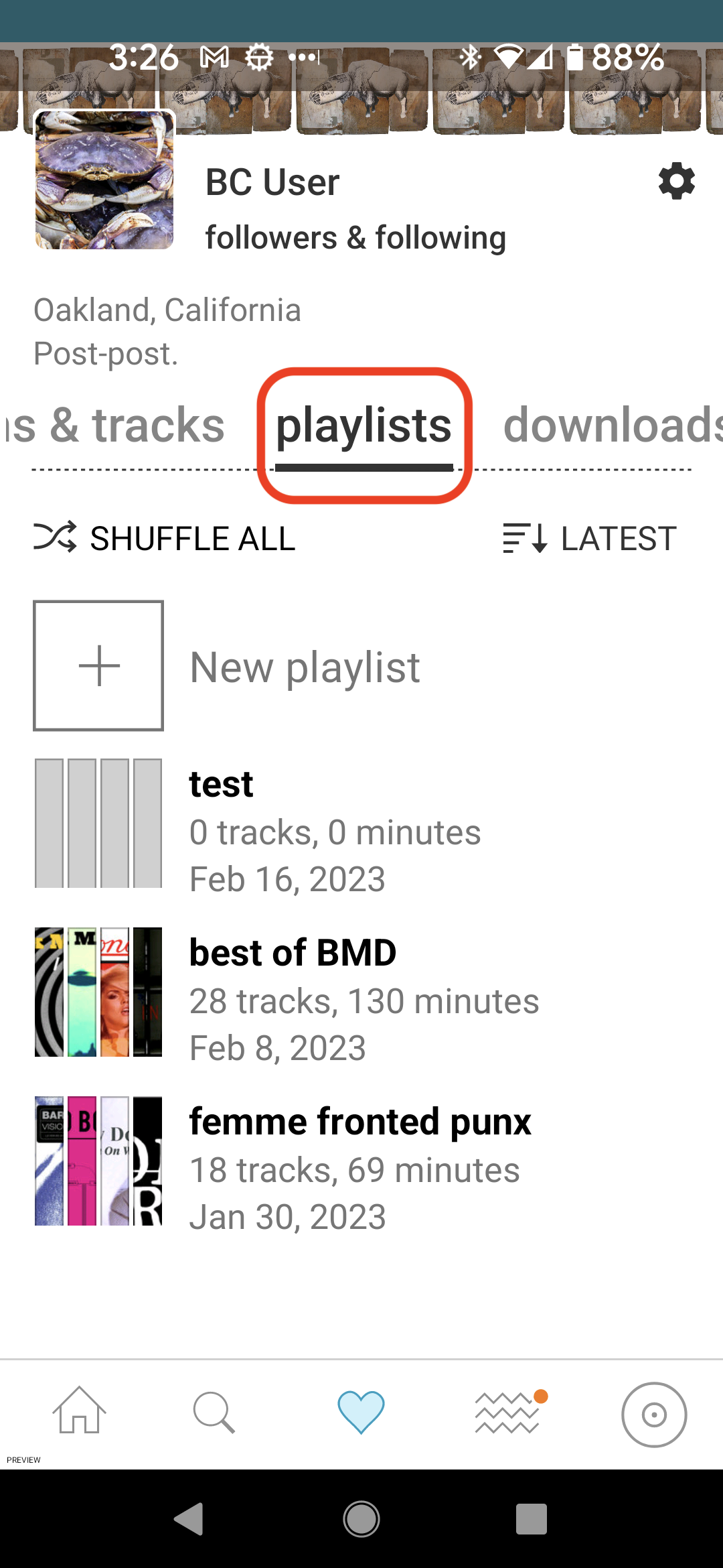 Image of a smartphone screen showing the fan’s collection page in Bandcamp Fan app, with the playlist tab circled.