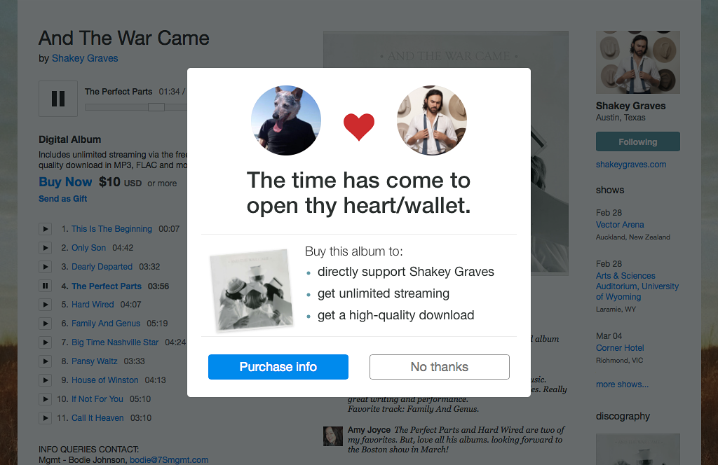 A pop-up of the purchase prompt using a Shakey Graves album as an example. At the bottom, there is a 'Purchase info' button on the left and a 'No thanks' button on the right.