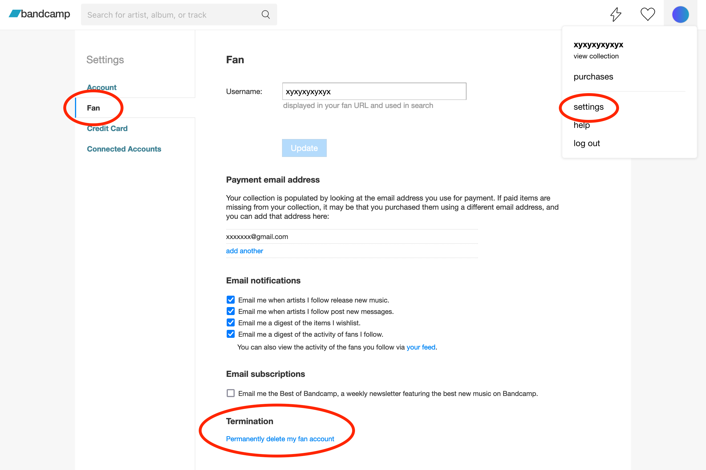 fans settings panel showing terminate fan account link