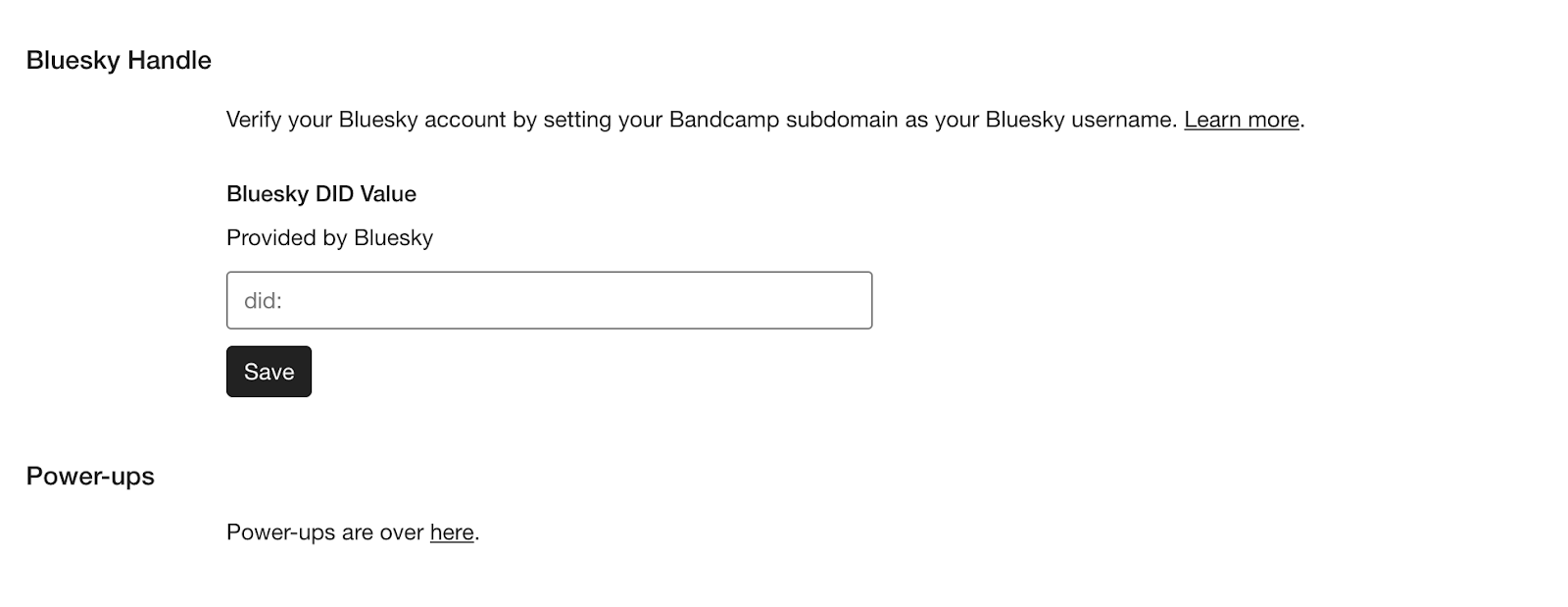 Screenshot of the Bluesky Handle section that states 'Verify your Bluesky account by setting your Bandcamp subdomain as your Bluesky username. Learn more'. This is followed by the Bluesky DID Balue section Provided by BLuesky with the username entered into the field along with the 'Save' button highlighted.