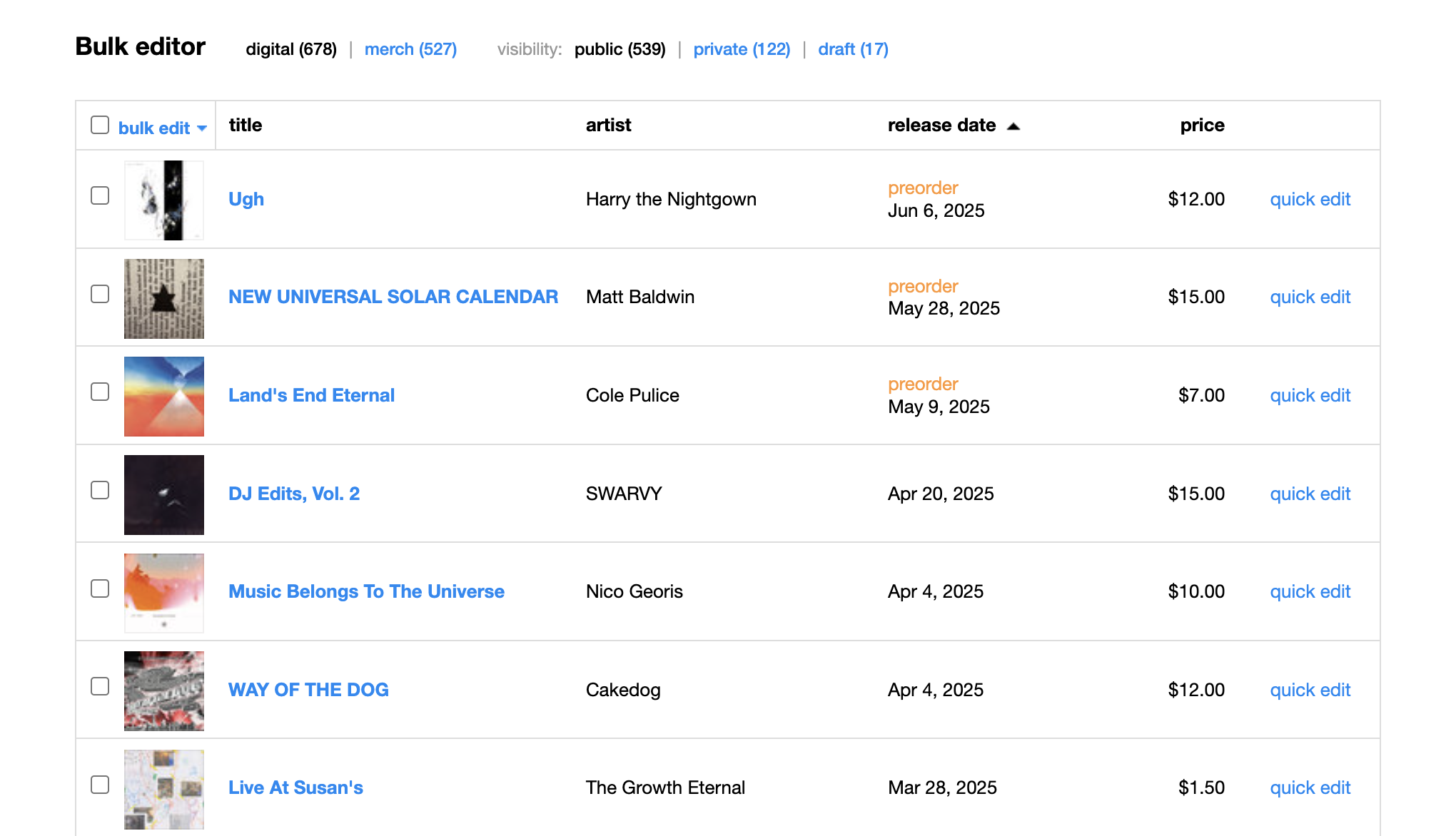 A screenshot of the Bulk Editor page on Bandcamp showing a list of digital music releases. Columns include checkboxes for selection, cover images, title, artist, release date, price, and a ‘quick edit’ link. Some releases are marked as 