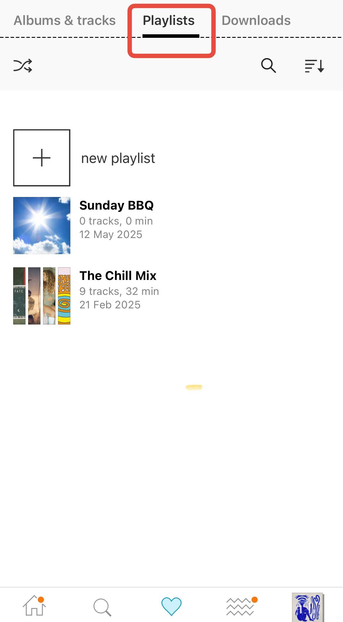Screenshot of the Playlists tab in the Bandcamp app. Two playlists are displayed: one titled Sunday BBQ with 0 tracks, 0 minutes, and a creation date of 12 May 2025, featuring a cover image of a sunny sky; the other titled The Chill Mix with 9 tracks, 32 minutes, and a creation date of 21 Feb 2025, showing a collage of four album covers. A 'new playlist' option with a plus sign is also visible. The 'Playlists' tab at the top is highlighted with a red box. Navigation icons are shown at the bottom of the screen.