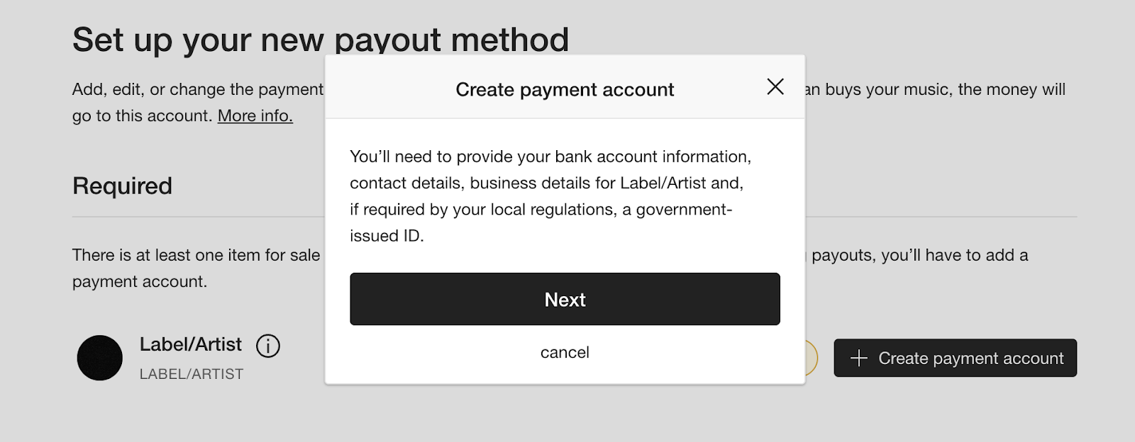 Create payment account pop up