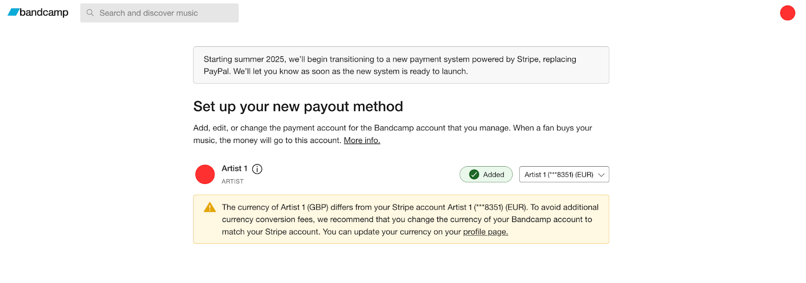 Artist's Payment Accounts Page