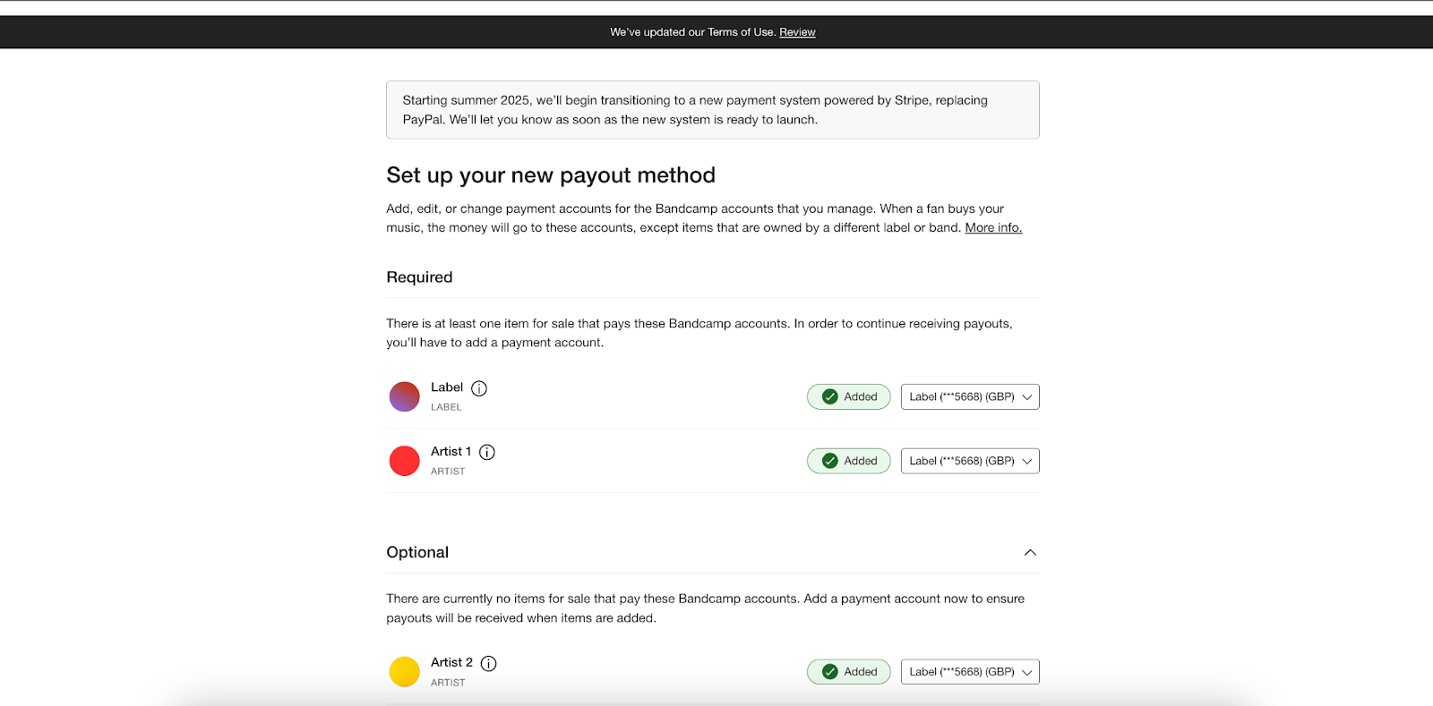 Label Payment Accounts Page